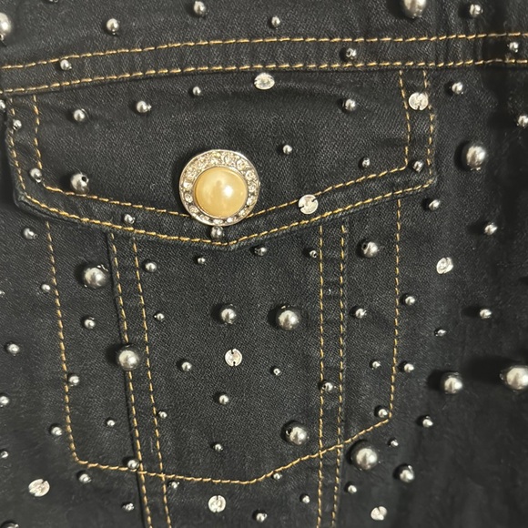 Quacker Factory Studded Embellished Diamond Pearl Black Denim Jean Jacket Large - Picture 7 of 9